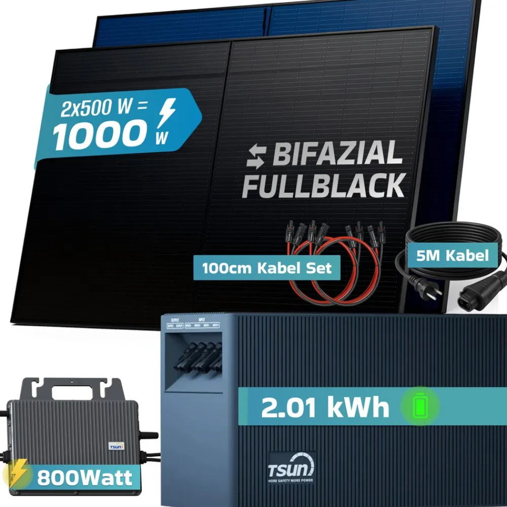 ® 1000W Balkonkraftwerk mit 2,01 kWh Speicher TSUN SOLARCAN TSOL-DCU2000Lite, BIFAZIAL FULLBLACK komplett Steckdose, PV Solaranlage Komplettset mit Solarspeicher, 2x 500W Glas-Bifacial ^ SUNNIVA Online