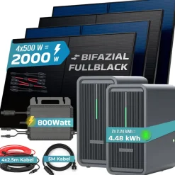 ® 2000W Balkonkraftwerk mit 4.48 kWh Speicher MARSTEK 2x B2500-D, BIFAZIAL FULLBLACK komplett Steckdose, PV Solaranlage Komplettset mit Solarspeicher, 4x 500W N-Type Glas Bifacial Module ^ SUNNIVA Discount