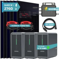 SUNNIVA ® 2760W Balkonkraftwerk mit 6,72 kWh Speicher Marstek 3x B2500-D, BIFAZIAL FULLBLACK komplett Steckdose, PV Solaranlage Komplettset mit Solarspeicher, 6x 460W N-Type Glas-Glas Bifacial Module