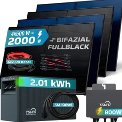 SUNNIVA ® 2000W Balkonkraftwerk mit 2,01 kWh Speicher TSUN SOLARCAN  TSOL-DCU2000Lite, BIFAZIAL FULLBLACK komplett Steckdose, PV Solaranlage Komplettset mit Solarspeicher, 4x 500W Glas-Bifacial Discount