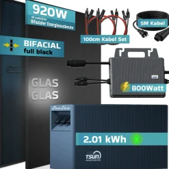 SUNNIVA ® 920W Balkonkraftwerk mit 2,01 kWh Speicher TSUN SOLARCAN TSOL-DCU2000Lite, BIFAZIAL FULLBLACK komplett Steckdose, PV Solaranlage Komplettset mit Solarspeicher, 2x 460W Glas-Glas Bifacial Online