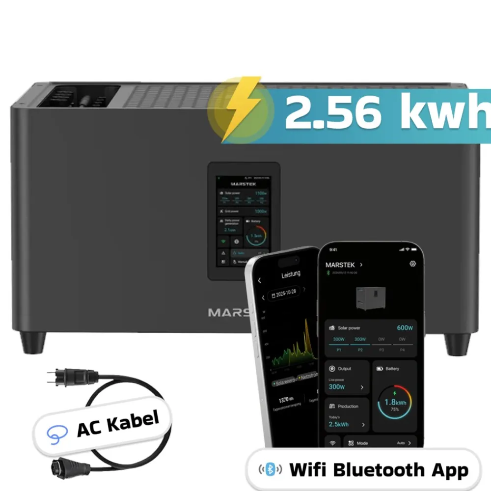 ® 2000W Balkonkraftwerk mit 2,56 kWh Speicher MARSTEK Jupiter C + Plus, BIFAZIAL FULLBLACK komplett Steckdose, PV Solaranlage Komplettset mit Solarspeicher, 4x 500W N-Type Glas Bifacial ^ SUNNIVA Clearance