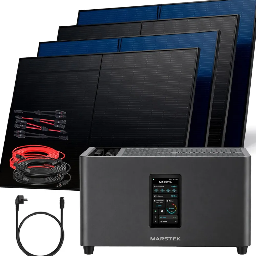 ® 2000W Balkonkraftwerk mit 2,56 kWh Speicher MARSTEK Jupiter C + Plus, BIFAZIAL FULLBLACK komplett Steckdose, PV Solaranlage Komplettset mit Solarspeicher, 4x 500W N-Type Glas Bifacial ^ SUNNIVA Clearance
