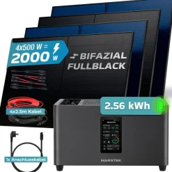 ® 2000W Balkonkraftwerk mit 2,56 kWh Speicher MARSTEK Jupiter C + Plus, BIFAZIAL FULLBLACK komplett Steckdose, PV Solaranlage Komplettset mit Solarspeicher, 4x 500W N-Type Glas Bifacial ^ SUNNIVA Clearance