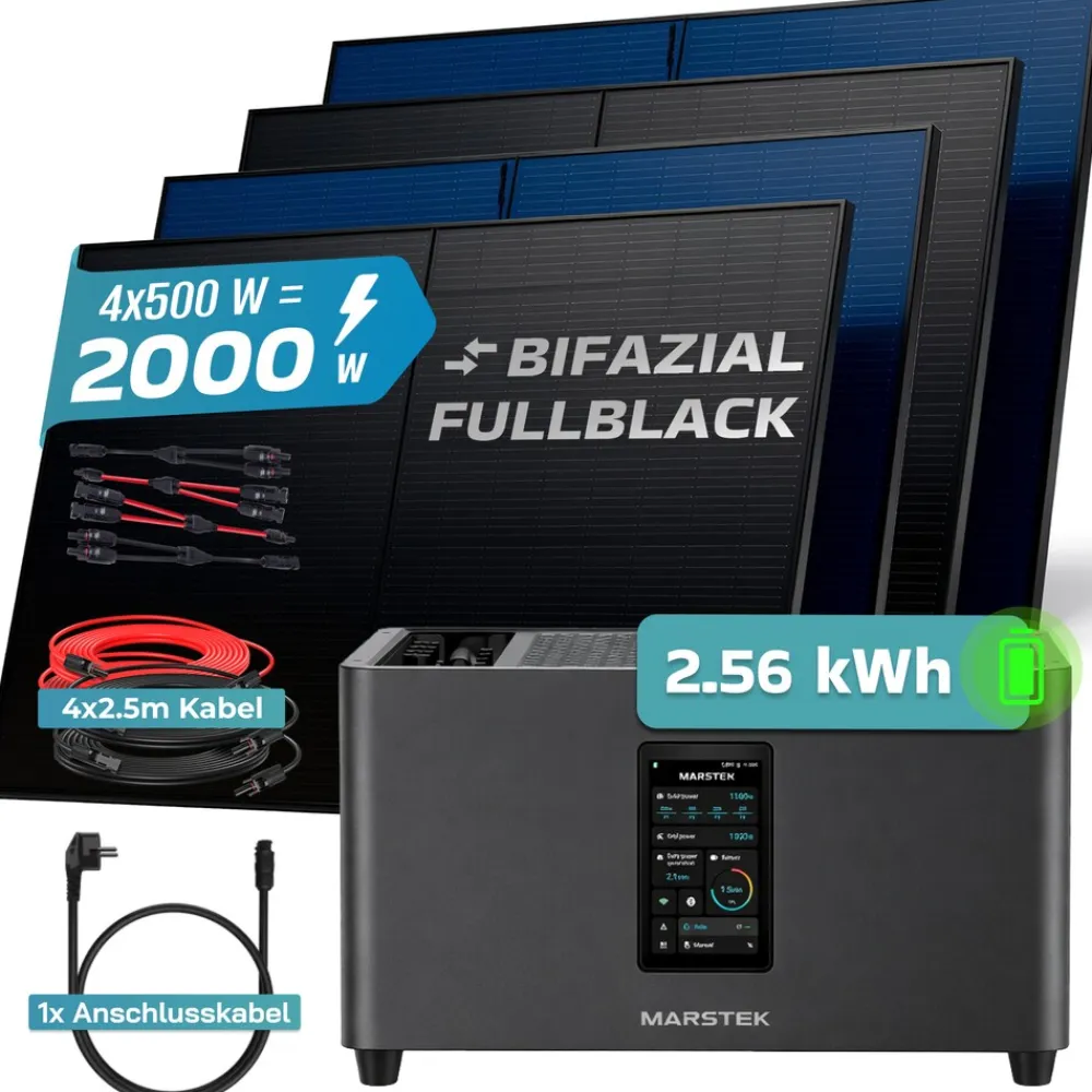 ® 2000W Balkonkraftwerk mit 2,56 kWh Speicher MARSTEK Jupiter C + Plus, BIFAZIAL FULLBLACK komplett Steckdose, PV Solaranlage Komplettset mit Solarspeicher, 4x 500W N-Type Glas Bifacial ^ SUNNIVA Clearance