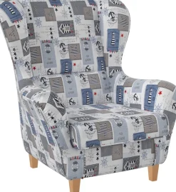 Supellex Sofia Ohrensessel mit Hocker Design Patchwork maritime Motive Clearance
