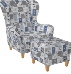 Supellex Sofia Ohrensessel mit Hocker Design Patchwork maritime Motive Clearance