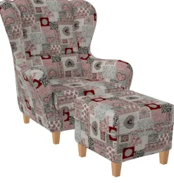 Sofia Ohrensessel mit Hocker | Design Patchwork Ornamente, Herz Rot ^ Supellex Clearance