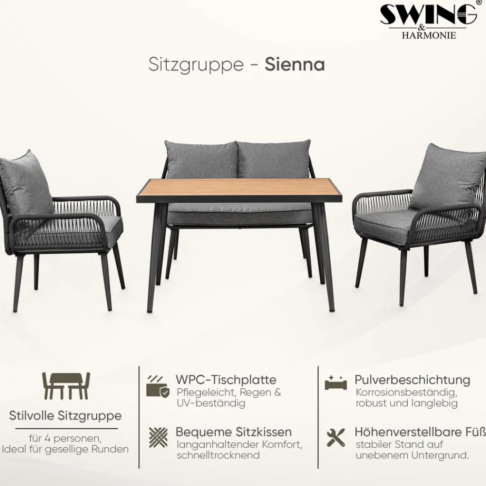 SWING&HARMONIE Gartenmöbel Lounge-Set „Sienna“ für 4 Personen - anthrazit/grau Hot