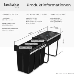 TecTake ® Abfallsammler, 3-fach Mülltrennung, 3x10L, für Schränke ab 30 cm Breite, 26 x 48 x 42 cm Clearance