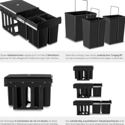 TecTake ® Abfallsammler, 3-fach Mülltrennung, 2x8L und 1x15L, für Schränke ab 40 cm Breite, 35 x 48 x 35 cm Outlet