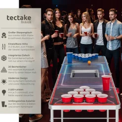 TecTake ® Aluminium Bierpongtisch, mit Eisfach, Becherlöchern, LED-Beleuchtung, bodenschonende Kunststofffüße, inklusive 100 Bechern, 6 Bällen und Kartentrinkspiel Discount