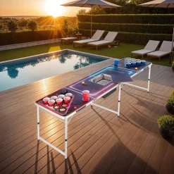 TecTake ® Aluminium Bierpongtisch, mit Eisfach, Becherlöchern, LED-Beleuchtung, bodenschonende Kunststofffüße, inklusive 100 Bechern, 6 Bällen und Kartentrinkspiel Discount