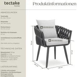 TecTake ® Aluminium 2er Set Stuhl, im Rope-Design, dicke Polsterung, höhenverstellbare Kunststofffüße, 62,5 x 65,5 x 75 cm Clearance
