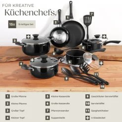 TecTake ® Aluminium Kochtopfset, 15-teilig, Glasdeckel mit Dampfabzug, 5 Küchenwerkzeuge New