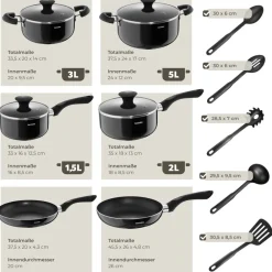 TecTake ® Aluminium Kochtopfset, 15-teilig, Glasdeckel mit Dampfabzug, 5 Küchenwerkzeuge New