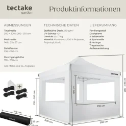 TecTake ® Aluminium Pavillon, 3 x 3 m, faltbar und höhenverstellbar, inklusive Spannseilen, Heringen und Tragetasche weiß New