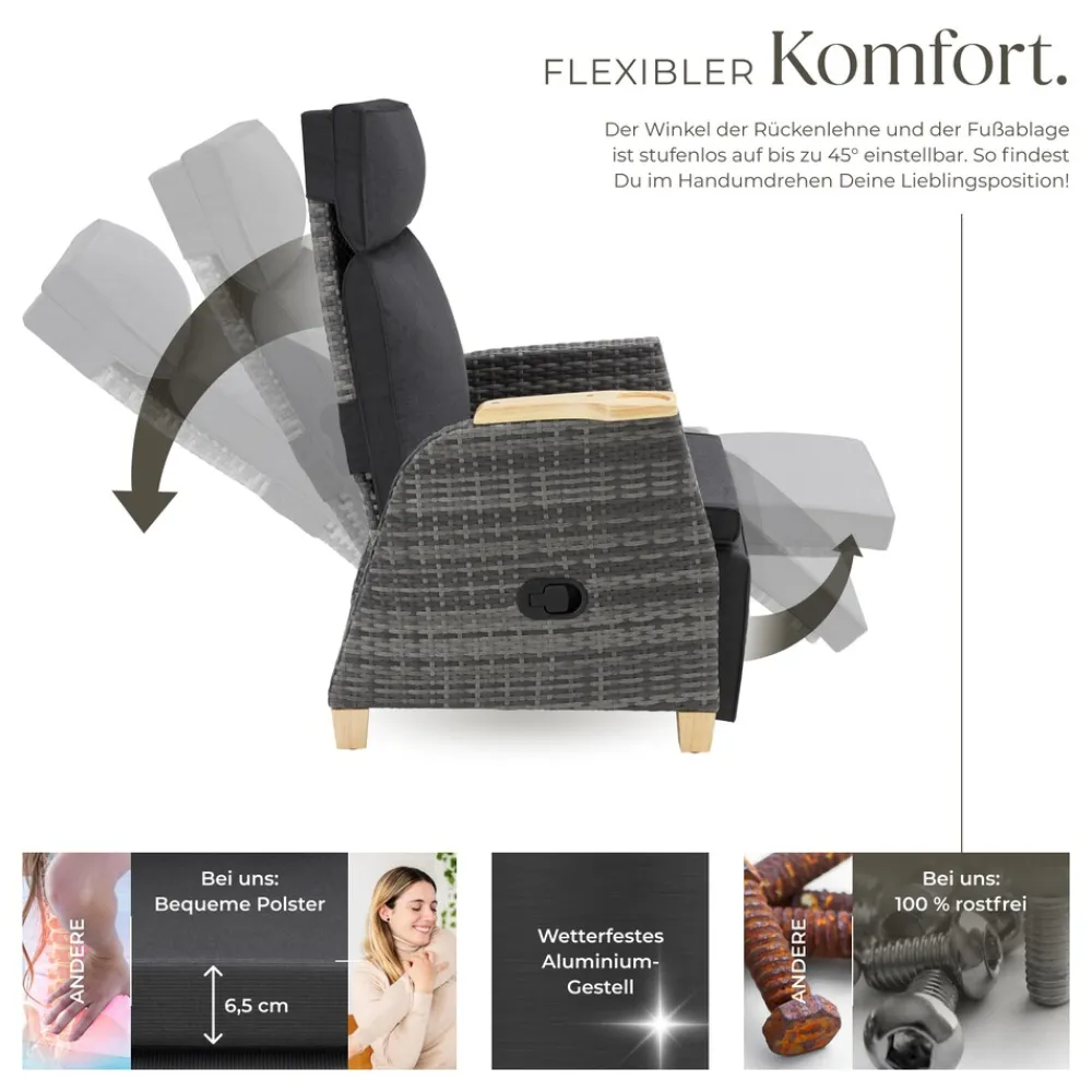 ® Aluminium Rattansessel, wetterfest und UV-beständig, dicke Polsterung, 68,5 x 67 - 128 x 87 - 104 cm ^ TecTake Online