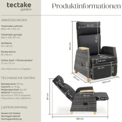 ® Aluminium Rattansessel, wetterfest und UV-beständig, dicke Polsterung, 68,5 x 67 - 128 x 87 - 104 cm ^ TecTake Online