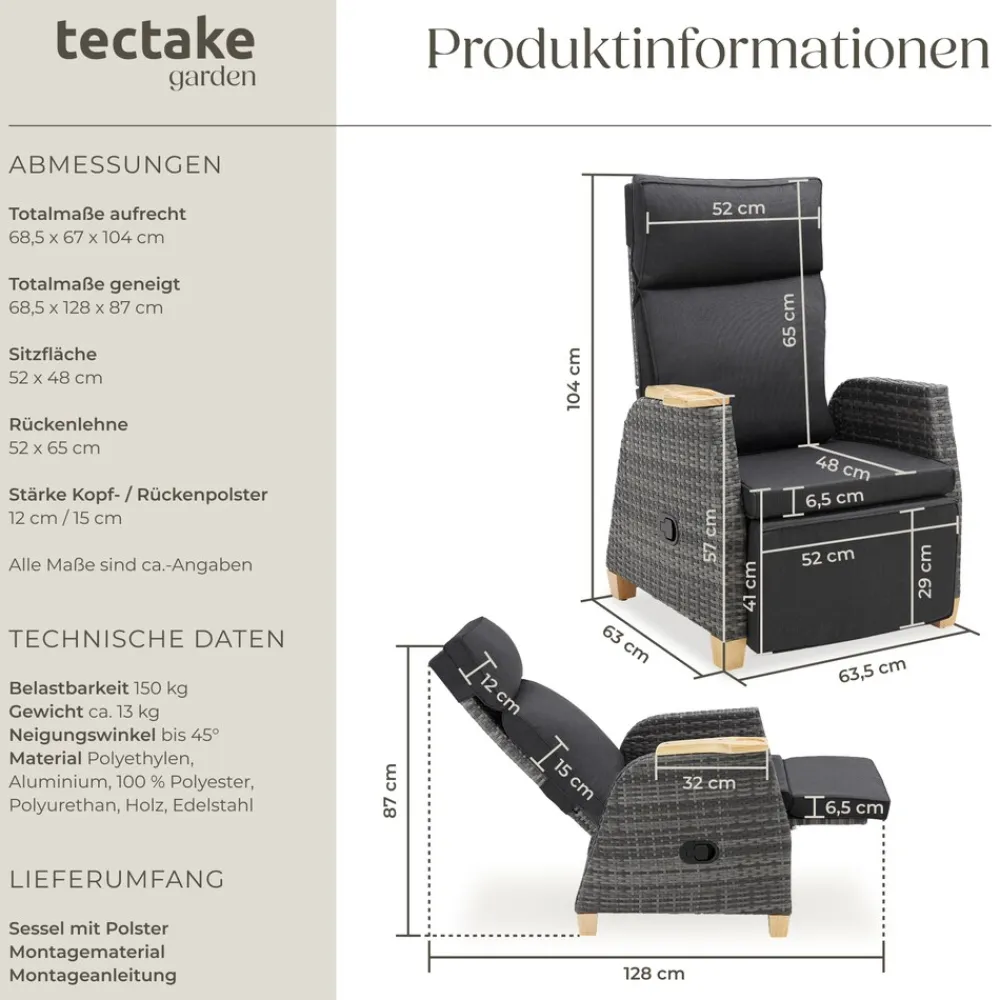 ® Aluminium Rattansessel, wetterfest und UV-beständig, dicke Polsterung, 68,5 x 67 - 128 x 87 - 104 cm ^ TecTake Online