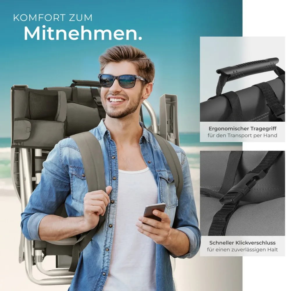 ® Aluminium Strandstuhl, klappbar, mit Rucksackfunktion, 5-fach verstellbare Rückenlehne mit Kopfpolster, rückseitige Kühltasche und Aufbewahrungstasche ^ TecTake Best