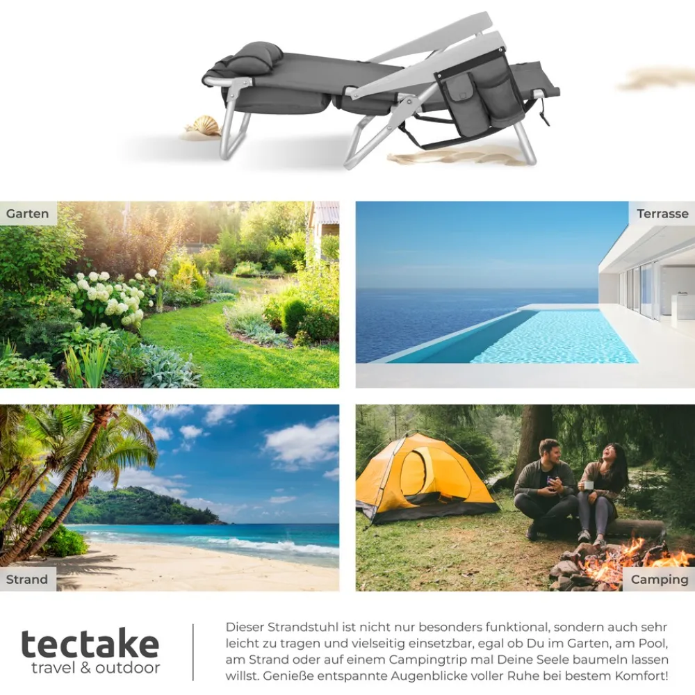 ® Aluminium Strandstuhl, klappbar, mit Rucksackfunktion, 5-fach verstellbare Rückenlehne mit Kopfpolster, rückseitige Kühltasche und Aufbewahrungstasche ^ TecTake Best