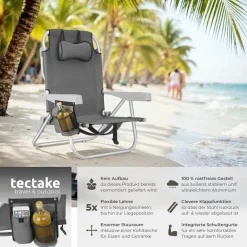 ® Aluminium Strandstuhl, klappbar, mit Rucksackfunktion, 5-fach verstellbare Rückenlehne mit Kopfpolster, rückseitige Kühltasche und Aufbewahrungstasche ^ TecTake Best