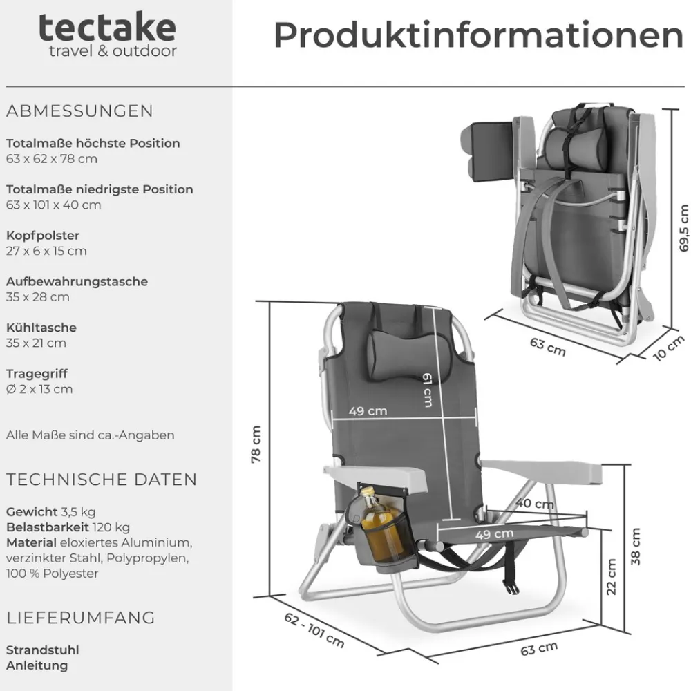 ® Aluminium Strandstuhl, klappbar, mit Rucksackfunktion, 5-fach verstellbare Rückenlehne mit Kopfpolster, rückseitige Kühltasche und Aufbewahrungstasche ^ TecTake Best