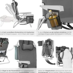 ® Aluminium Strandstuhl, klappbar, mit Rucksackfunktion, 5-fach verstellbare Rückenlehne mit Kopfpolster, rückseitige Kühltasche und Aufbewahrungstasche ^ TecTake Best