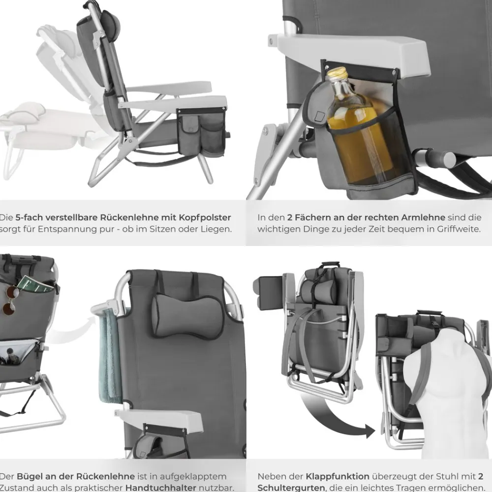 ® Aluminium Strandstuhl, klappbar, mit Rucksackfunktion, 5-fach verstellbare Rückenlehne mit Kopfpolster, rückseitige Kühltasche und Aufbewahrungstasche ^ TecTake Best