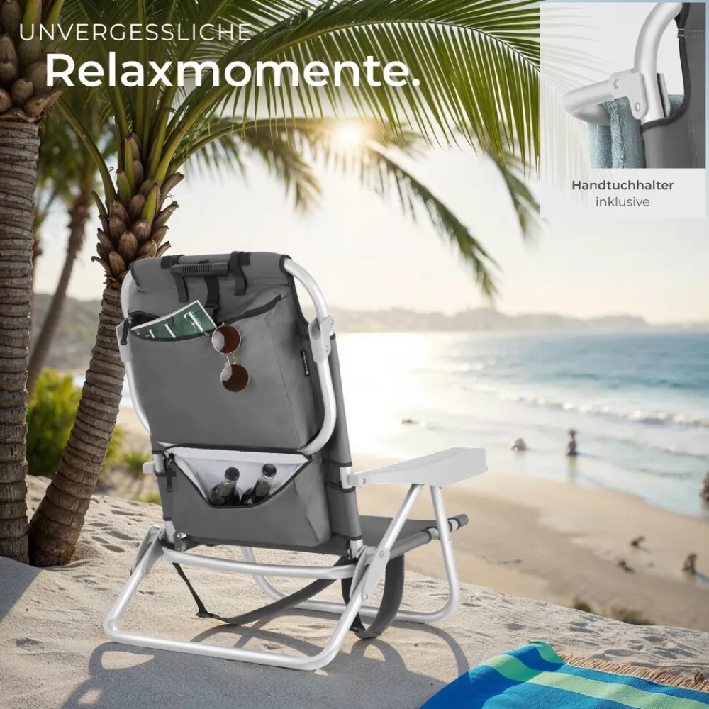 ® Aluminium Strandstuhl, klappbar, mit Rucksackfunktion, 5-fach verstellbare Rückenlehne mit Kopfpolster, rückseitige Kühltasche und Aufbewahrungstasche ^ TecTake Best