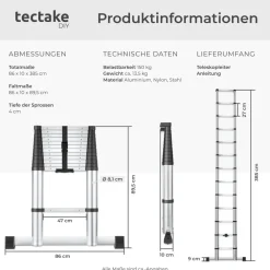 ® Aluminium Teleskopleiter, 3,85 m, 13 Sprossen, gummierte Anlegekanten, zuverlässige Arretierung und Soft Close ^ TecTake Clearance