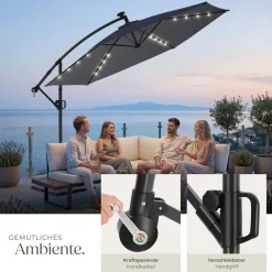 ® Ampelschirm, 3 x 3 m, 360° drehbar, Kurbelmechanismus, mit LED Solar-Beleuchtung, inkl. Schutzhülle ^ TecTake New