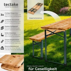 ® Bierzeltgarnitur, 3-teilig, klappbar, beschichtetes Stahlgestell mit soliden Scharnieren, robustes Tannenholz mit Schutzlackierung ^ TecTake
