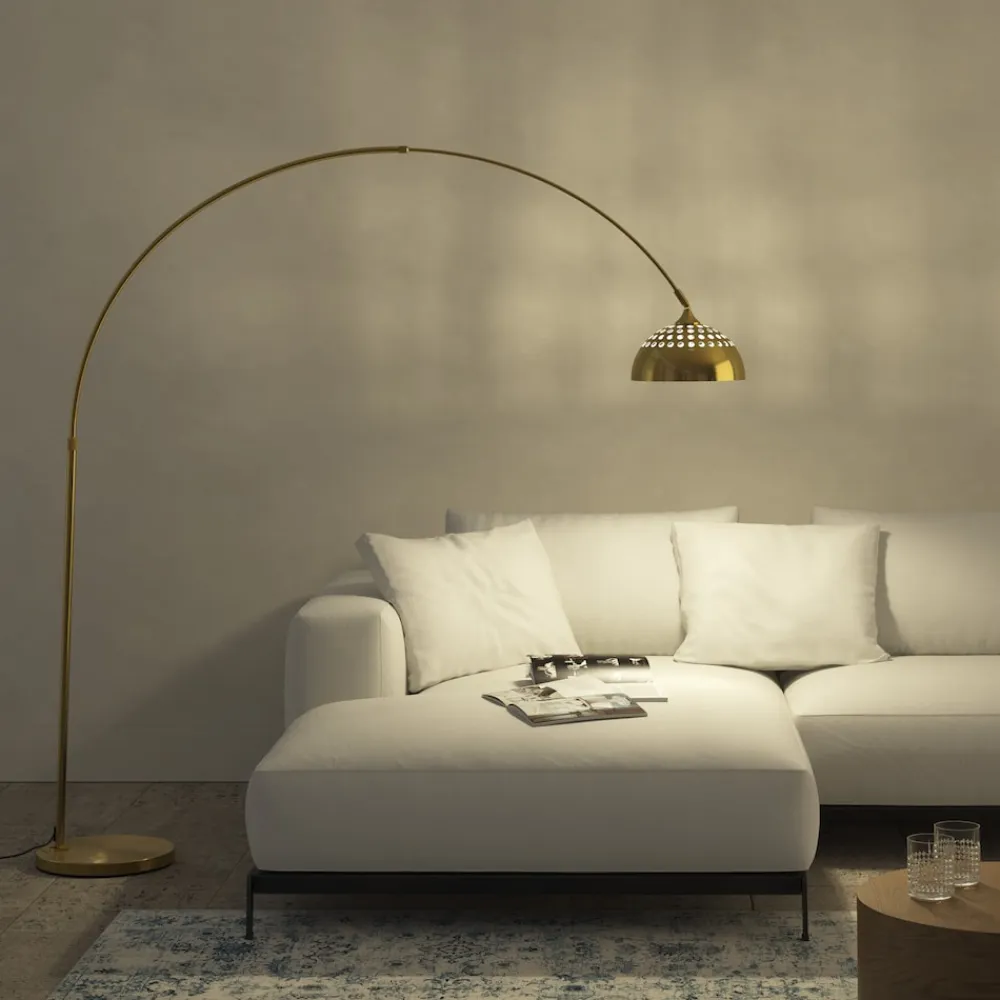 ® Bogenleuchte, 70er Jahre Retro-Stil, Teleskopbogen mit schwenkbarem Lampenschirm, Fußschalter, höhenverstellbar 187 - 206 cm ^ TecTake New