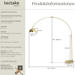 ® Bogenleuchte, 70er Jahre Retro-Stil, Teleskopbogen mit schwenkbarem Lampenschirm, Fußschalter, höhenverstellbar 187 - 206 cm ^ TecTake New