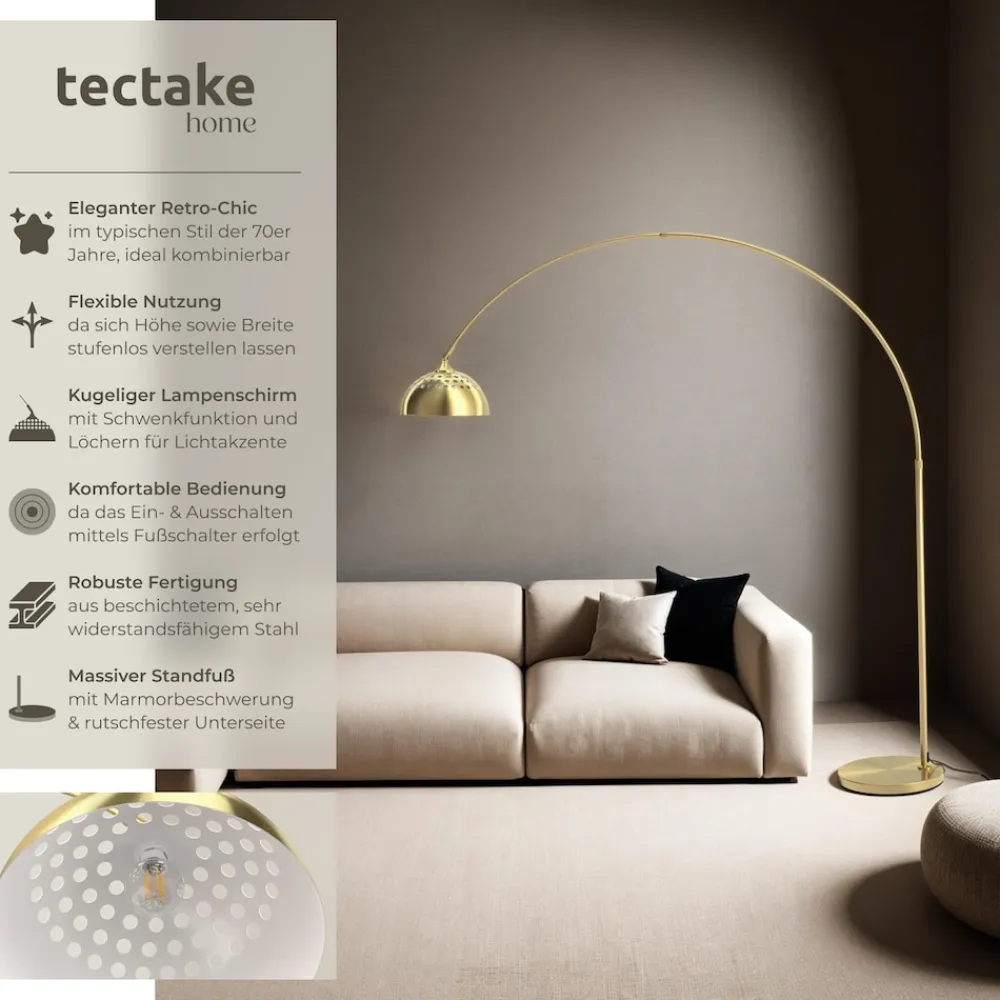 ® Bogenleuchte, 70er Jahre Retro-Stil, Teleskopbogen mit schwenkbarem Lampenschirm, Fußschalter, höhenverstellbar 187 - 206 cm ^ TecTake New