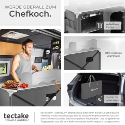 ® Campingküche Luxus mit Aluminiumgestell und 4 Fächern, faltbar, mit viel Stauraum, Windschutz und Spülbecken, 116 x 52 x 107 cm ^ TecTake Discount