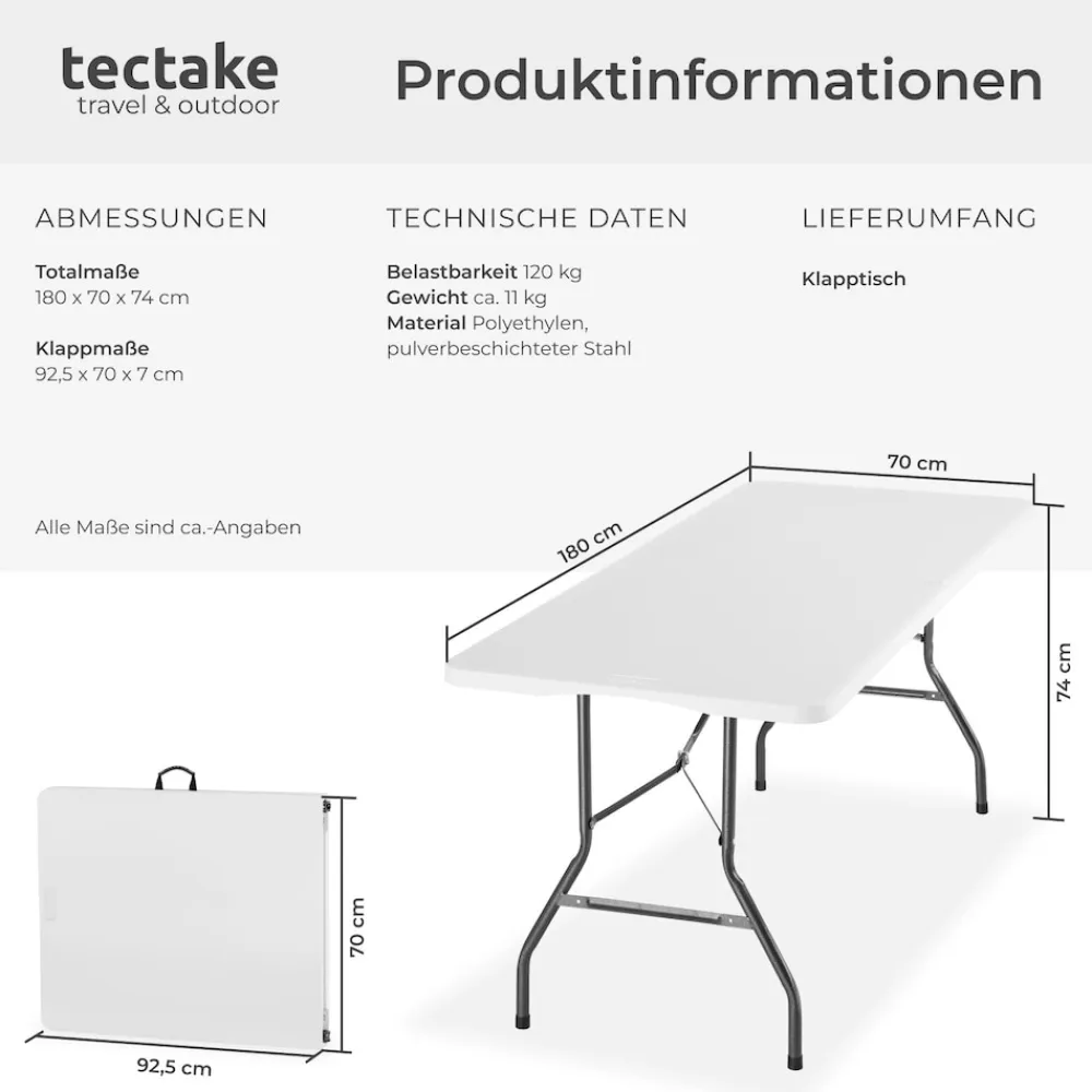 ® Campingtisch, klappbar, wetterfest, 120 kg Belastbarkeit, gummierter Tragegriff ^ TecTake Online