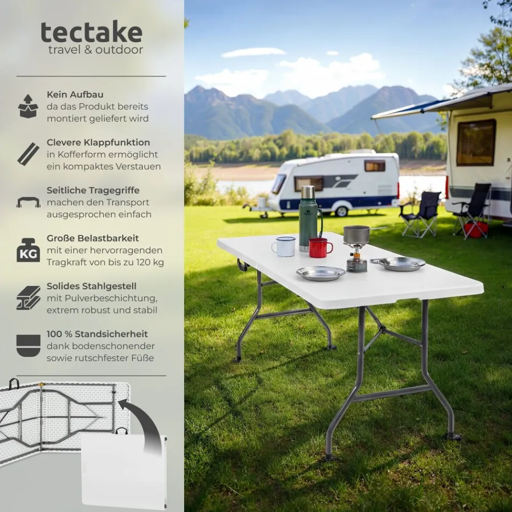 ® Campingtisch, klappbar, wetterfest, 120 kg Belastbarkeit, gummierter Tragegriff ^ TecTake Online