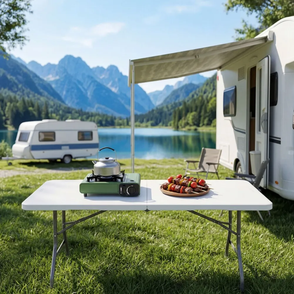 ® Campingtisch, klappbar, wetterfest, 120 kg Belastbarkeit, gummierter Tragegriff ^ TecTake Online