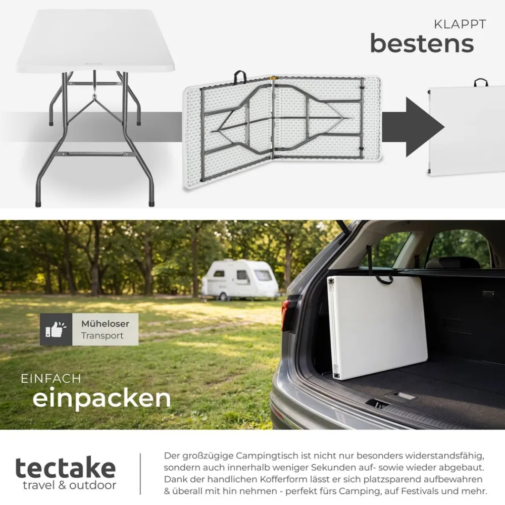 ® Campingtisch, klappbar, wetterfest, 120 kg Belastbarkeit, gummierter Tragegriff ^ TecTake Online
