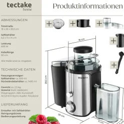 ® Entsafter, 600 W, 500 ml Fassungsvermögen, Edelstahlgehäuse, rutschfeste Gummifüße, 18 x 26 x 28,5, GS-Zertifikat ^ TecTake New