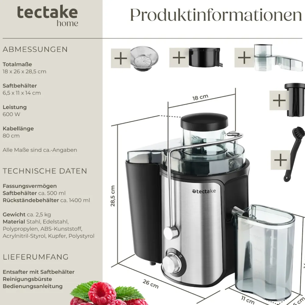 ® Entsafter, 600 W, 500 ml Fassungsvermögen, Edelstahlgehäuse, rutschfeste Gummifüße, 18 x 26 x 28,5, GS-Zertifikat ^ TecTake New
