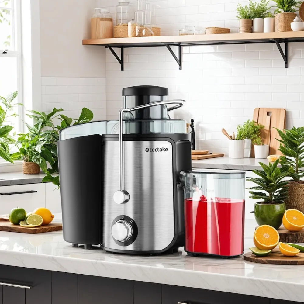 ® Entsafter, 600 W, 500 ml Fassungsvermögen, Edelstahlgehäuse, rutschfeste Gummifüße, 18 x 26 x 28,5, GS-Zertifikat ^ TecTake New