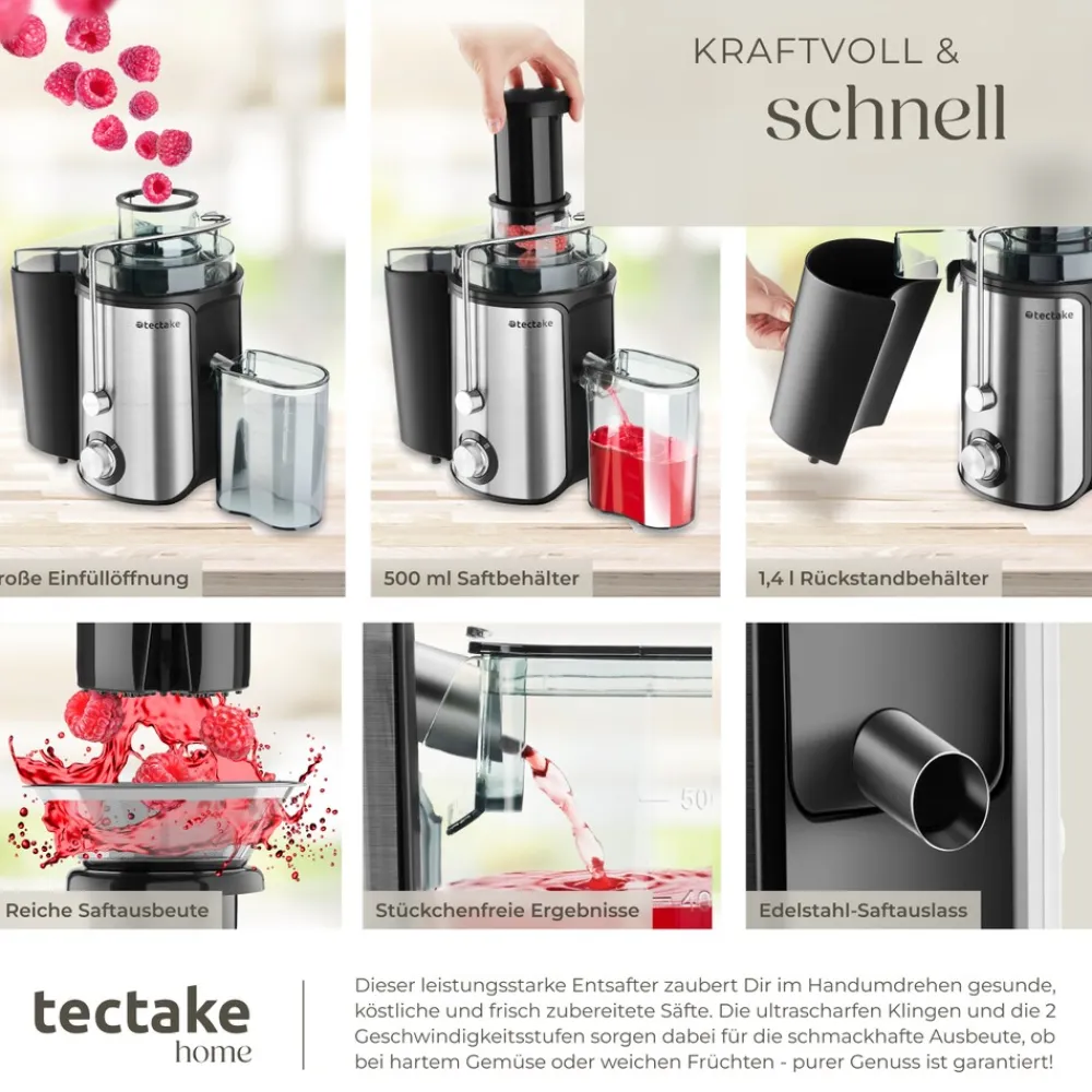 ® Entsafter, 600 W, 500 ml Fassungsvermögen, Edelstahlgehäuse, rutschfeste Gummifüße, 18 x 26 x 28,5, GS-Zertifikat ^ TecTake New