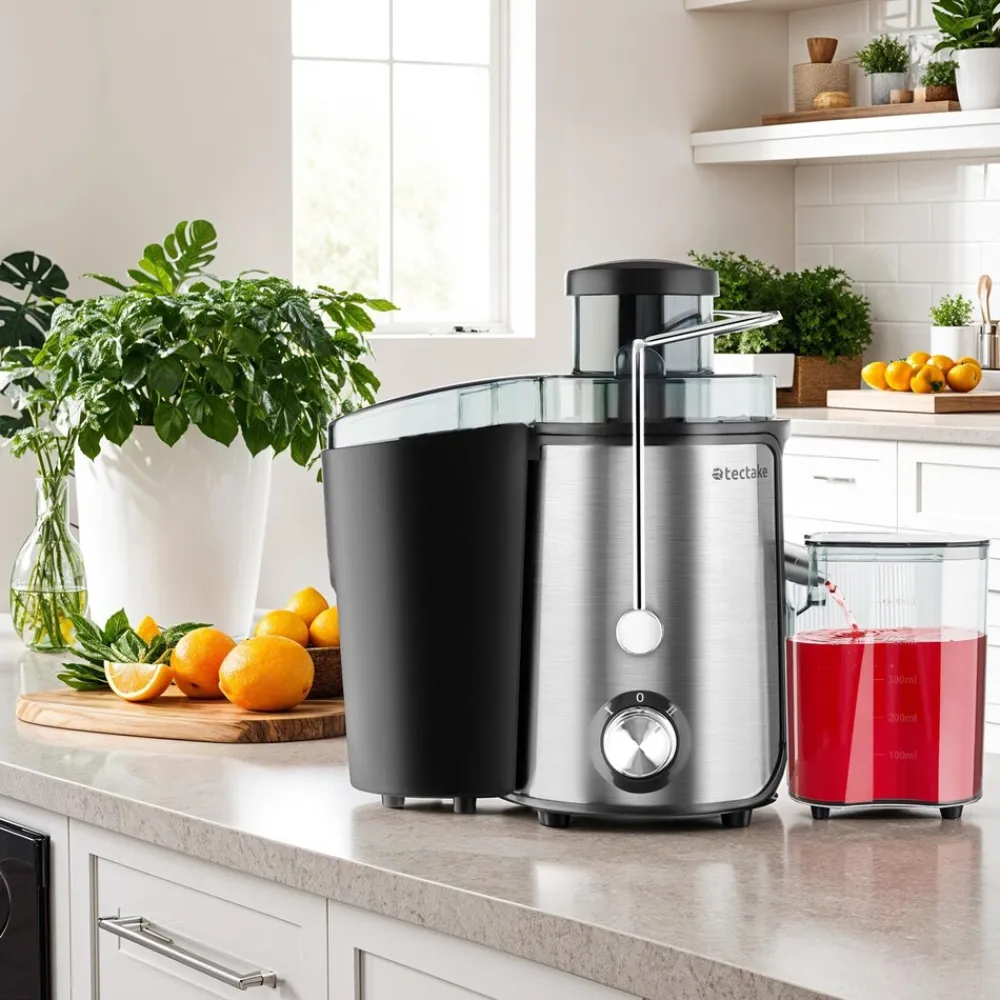 ® Entsafter, 600 W, 500 ml Fassungsvermögen, Edelstahlgehäuse, rutschfeste Gummifüße, 18 x 26 x 28,5, GS-Zertifikat ^ TecTake New