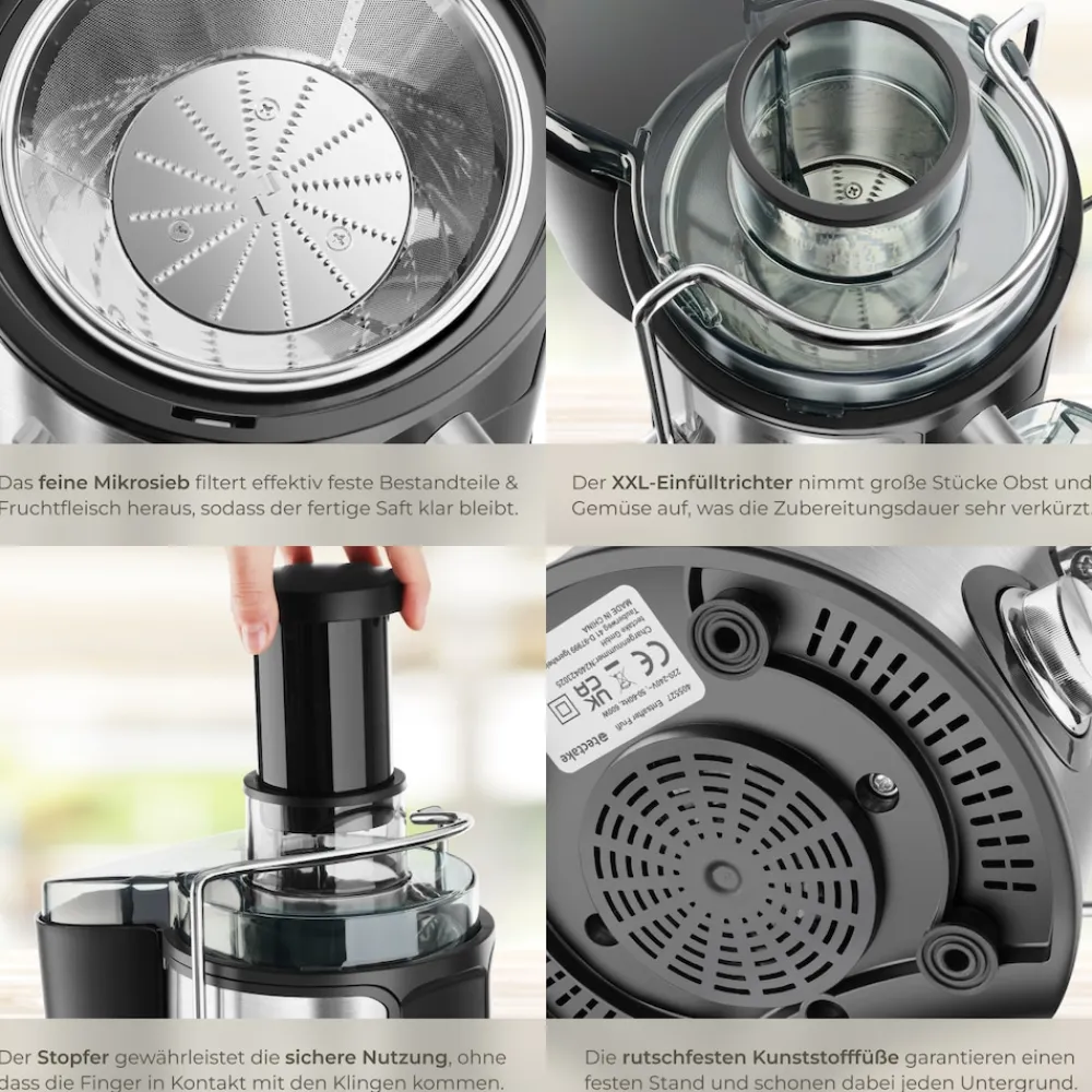 ® Entsafter, 600 W, 500 ml Fassungsvermögen, Edelstahlgehäuse, rutschfeste Gummifüße, 18 x 26 x 28,5, GS-Zertifikat ^ TecTake New