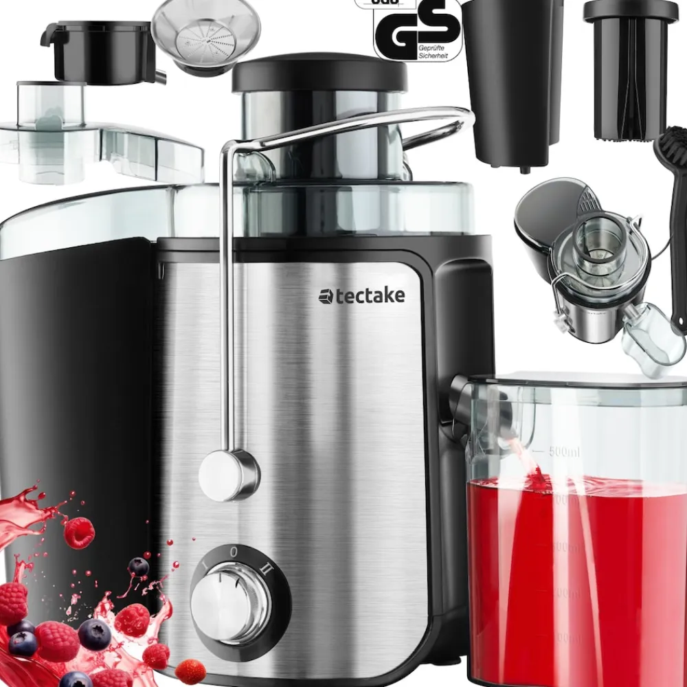 ® Entsafter, 600 W, 500 ml Fassungsvermögen, Edelstahlgehäuse, rutschfeste Gummifüße, 18 x 26 x 28,5, GS-Zertifikat ^ TecTake New