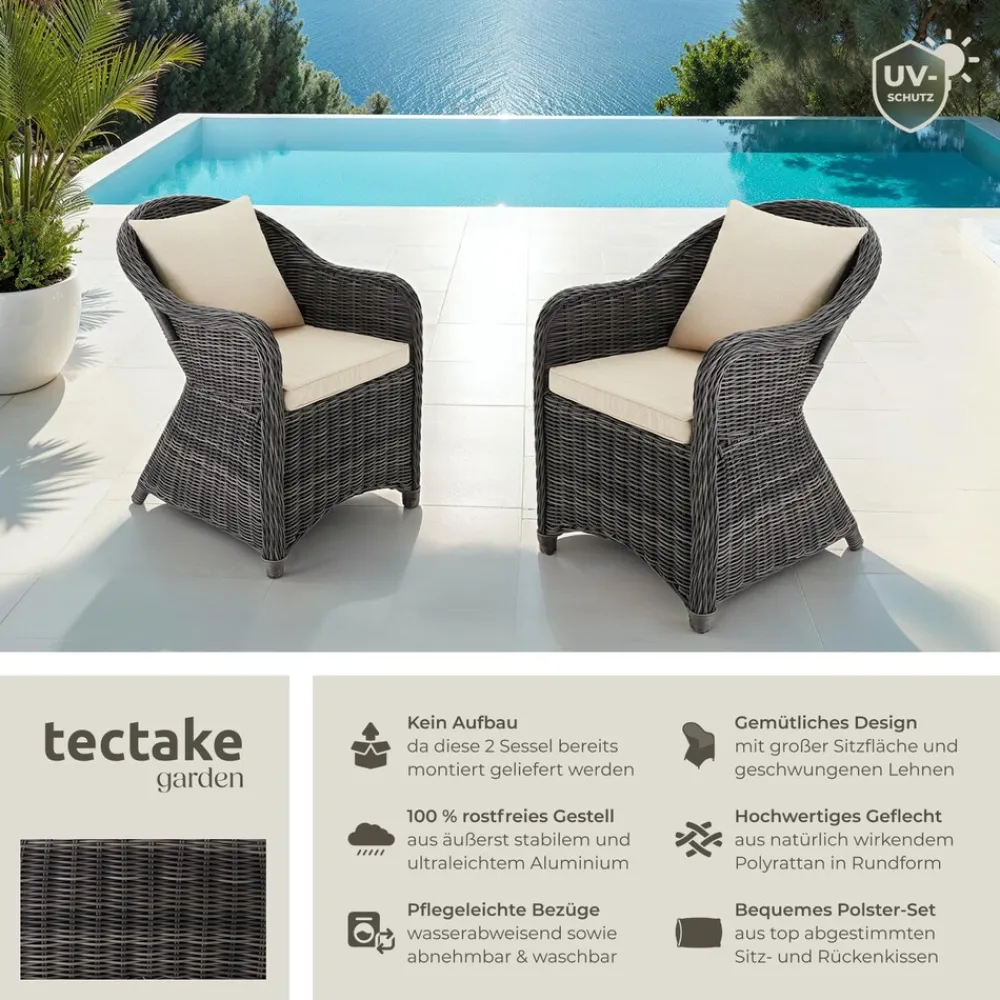 ® 2er Set Aluminium Rattansessel, wetterfest und UV-beständig, pflegeleicht, kein Aufbau ^ TecTake Clearance